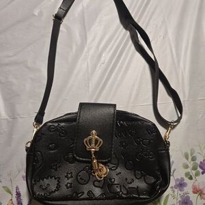 Black and Gold Embossed Crossbody Bag with Glossy Finish